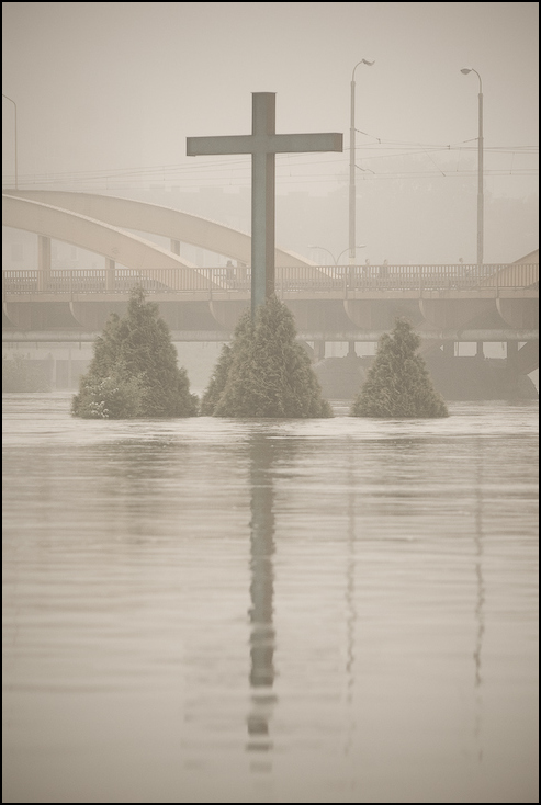  Krzyż wodzie Powódź 0 Wrocław Nikon D200 Zoom-Nikkor 80-200mm f/2.8D woda odbicie krzyż mgła zamglenie ranek niebo drzewo spokojna